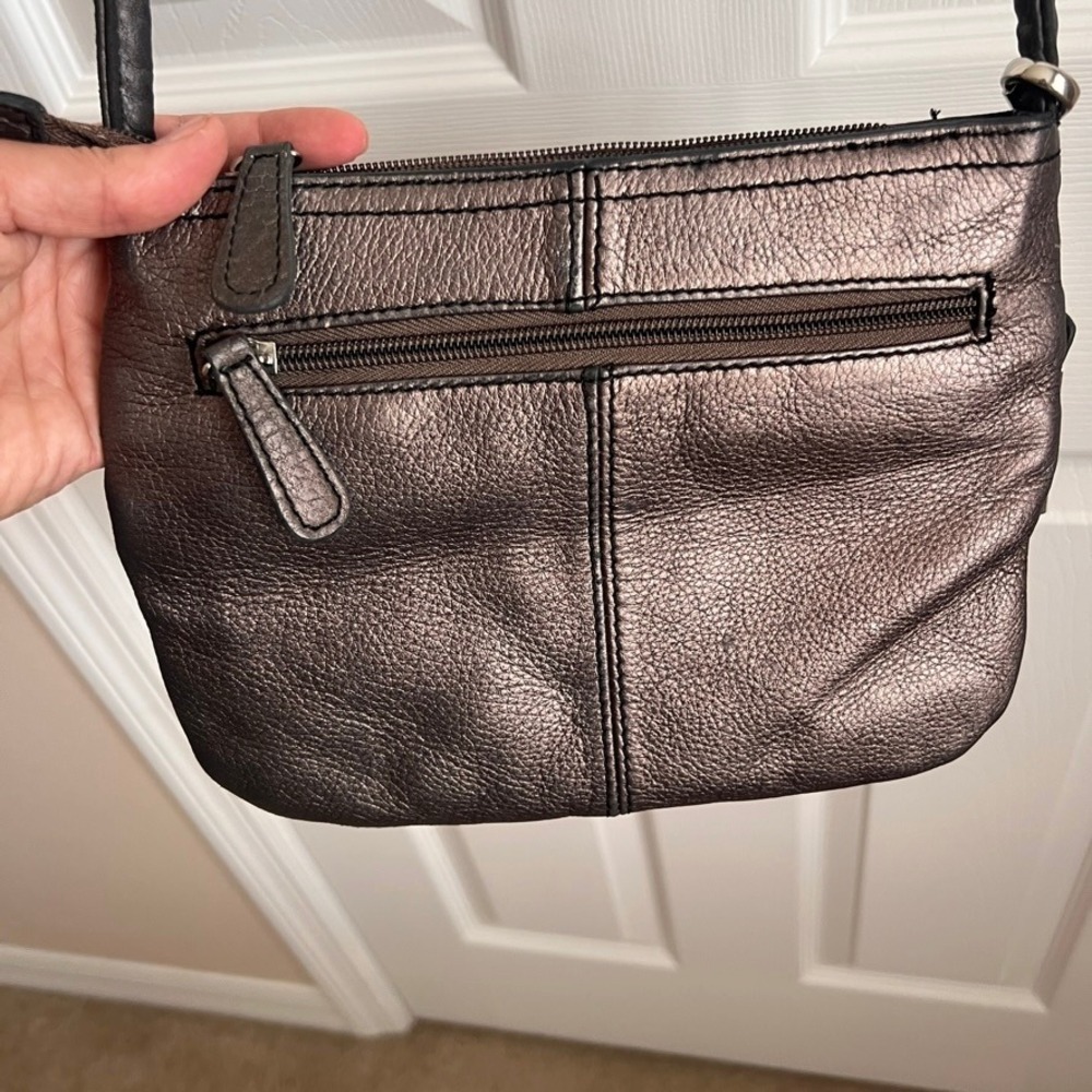 Etienne Aigner Crossbody Bag Bronze Metallic Leather Zip Pocket Small Purse - Picture 2 of 12